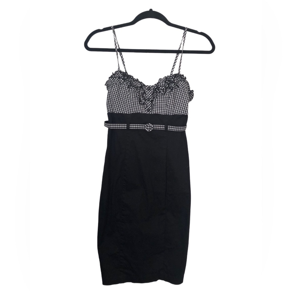 Retro checkered ruffle top dress black and white